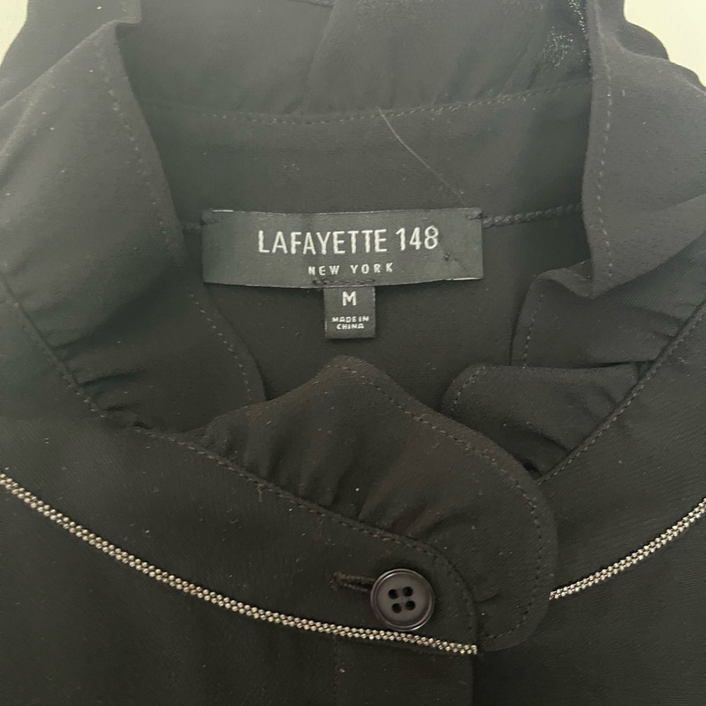 lafayette 148 New York Blouse Black Size M Silk silver collar detail - Picture 2 of 11